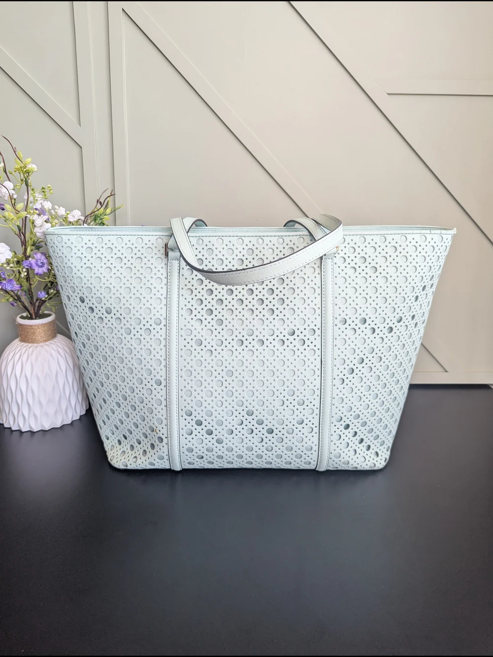 kate spade Light Blue Perforated Leather Tote
